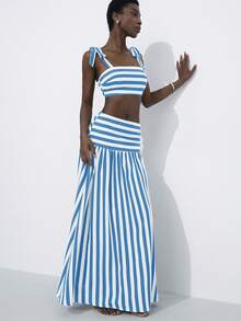 Aveloria Modichic New Fashion Vacation Beach Chic Women's Sexy Classic Contrast Stripe Bandeau Bowknot Strap Cropped Top Paired With High-Waisted Skirt, 2 Piece Set - Blue - View 6