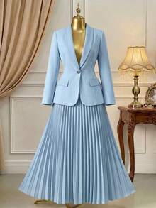 Rometta Plus Size Women Solid Color Long Sleeve Blazer With Pleated Midi Skirt Suit Set Graduation,Back To School,Teacher Outfits For Women Fall Cloth For Women Autumn - Baby Blue - View 3