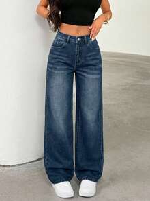 SHEIN Tall Women's Casual Everyday Commute Simple Versatile Solid Color High Waist Loose Wide Leg Jeans - Dusty Blue - View 4