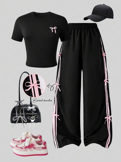 SHEIN 2pcs/Set Teenage Short Sleeve & Pants Set, Bow Tie Ribbon Decor, Pink, Suitable For Spring/Summer, Sports & Casual Wear Two Piece Pants Set Teen Women 2 Piece Pants Suits Teengirls Outfit Sets Sweat Set Y2k Bow