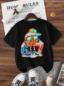 SHEIN 男童休闲时尚创意图案T恤，印有足球、时尚眼镜、甜甜圈、冰淇淋和糖屑图案，舒适百搭的短袖T恤，适合春、夏、秋季穿着。 - 黑色 - 查看 4