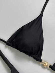 Swim Mod Women's Black Metal Decor V-Neck Halter Backless Triangle Bikini Set, Thong Swimwear,Elegant Summer Beach Holiday,Solid Color String Swimwears - Black - View 4