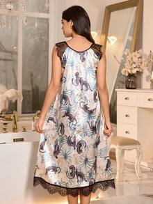 Animal & Plant Print Faux Silk Lace Trim Women Long Nightgown - Black - View 2