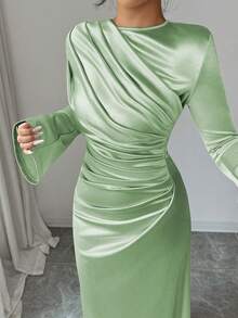Rafferiza Elegantes figurbetontes Kleid mit vorderseitiger Raffung, Satin-Strick-Glockenärmel, hellrosa, geeignet für Partys oder den Alltag, Herbst/Winter - Minzgrün - Übersicht 5