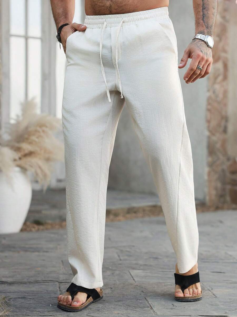 VENTUSAIL 男士休闲纯色口袋抽绳裤 - 米色 - 查看 1