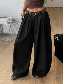 Coolane Women's Spring/Summer Streetwear Casual Hippie Party Y2K Chic Preppy Black Wide Leg Curved Hem Pants With Pockets - Black - View 3