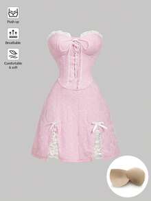 SHEIN MOD Đầm ôm sát kiểu corset dành cho nữ, phối ren tương phản, họa tiết răng cưa, nơ, xẻ tà, thích hợp mặc đi học, kiểu áo ống, không cần áo ngực. - Hồng - Xem 6