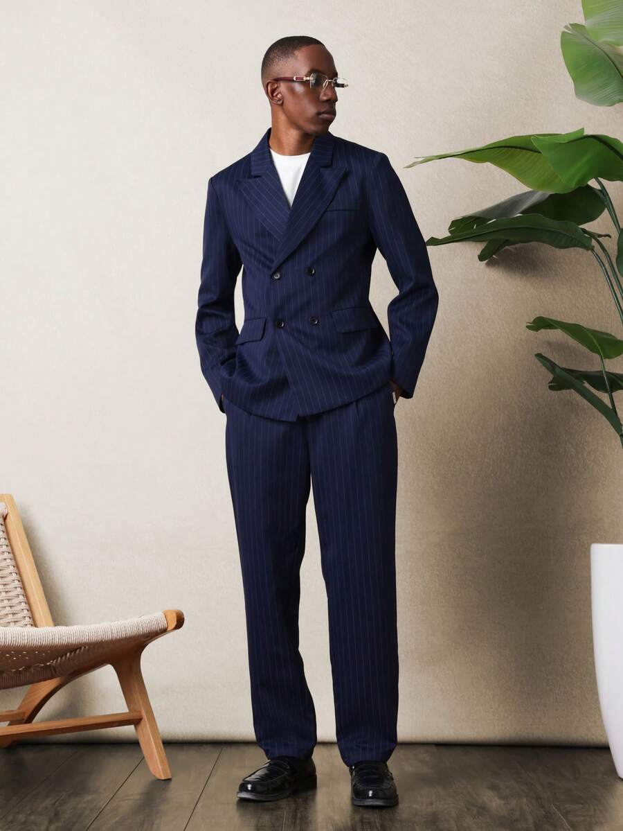 SUMWON Navy Pinstripe Double Breasted Blazer And Dress Pants Two Piece Business Formal Suit Set Classic Professional Menswear Office Wedding - Navy Blue - View 1