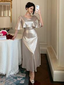 DAZY 优雅V领长裙，高端奢华小众设计，女士婚礼宾客礼服 - 香檳色 - 查看 4