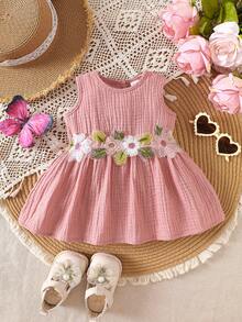 SHEIN 0-9M Newborn Baby Girls' Cute Floral Embroidered Sleeveless Cotton Dress, Suitable For Spring/Summer Vacation, Party, Photoshoot, School - Pink - View 6