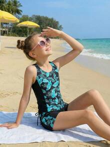 SHEIN 少女修身休闲简约舒适运动圆领无袖侧系带泳衣套装 - 黑色 - 查看 1