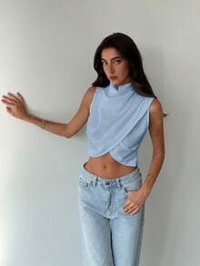 Aloruh Camisa de mujer de cuello alto falso, sin mangas y con bajo asimétrico, para uso diario - Celeste - Ver 7