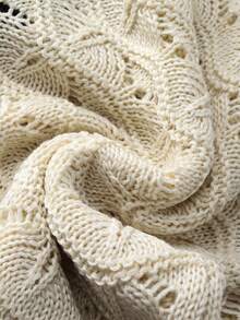 Franclia 新款夏季海滩度假休闲优雅波浪镂空花朵点缀黑色滚边V领系带针织上衣和半裙套装 - 杏色 - 查看 9