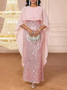 SHEIN Lady 女士纯色简约日常斗篷袖连衣裙，圣诞节、新年、情人节皆宜，优雅女装 - 粉色 - 查看 1