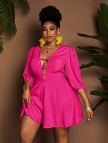 Maweii Plus Size Solid Color Deep V-Neck Sexy Fashionable Romper - Hot Pink - View 1