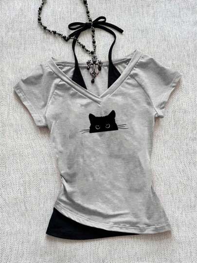 Attitoon Casual Vintage Y2K Versatile Party Cat Icon Cute Print Pattern, Music Festival Outfit, Women's V-Neck Halter Tie-Up Contrast Color Short Sleeve T-Shirt