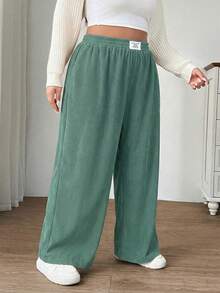 SHEIN EZwear 橄榄绿加大码女式高腰宽松阔腿裤，灯芯绒面料，带口袋和贴布设计，适合校园、日常穿着、室内工作、秋冬季穿着。 - 橄欖綠 - 查看 3