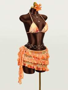 Zestiva 3pcs Tie-Dye Gradient Print Sexy Women Bikini Set, Summer Beach - Orange - View 4