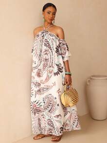 SHEIN Veneréa Floral Digital Print Halter Neck Cold Shoulder Short Sleeve Ruffle Sleeve Backless Bow Loose Long Maxi Dress For Women - Multicolor - View 5