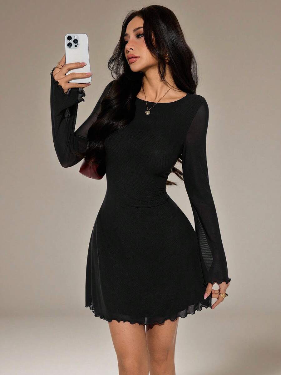 SHEIN PETITE Women's Solid Mesh Bell Sleeve Mini Dress - Black - View 1