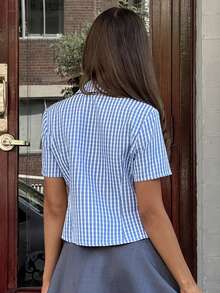 MainGRL 休闲美式运动风亮蓝色白格子修身短款衬衫，带口袋 - 藍白色 - 查看 2