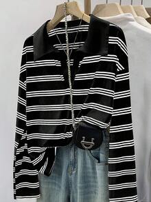 Everyssa Camiseta de manga larga de ajuste holgado con estampado de rayas de contraste, para uso casual y diario, ideal para primavera/otoño - Negro - Ver 3