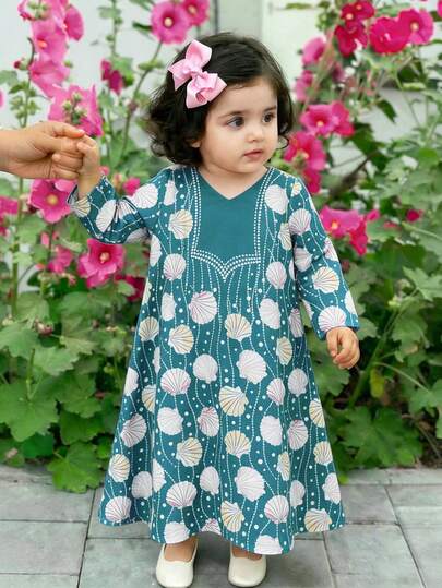 SHEIN Babygirl Elegant Floral Print Long Sleeve Dress, Lovely & Charming In Pink