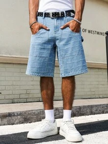 Manfinity Hypemode Men's Casual Streetwear Multi-Pocket Distressed Blue Denim Cargo Shorts - Light Wash - View 7