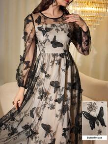 Modelyn Butterfly Jacquard Mesh Lantern Sleeve Cinched Waist Dress For Women - Black - View 3