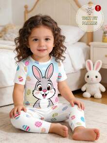 一套女婴复活节兔子和彩蛋印花针织弹力圆领上衣和紧身印花长裤睡衣套装，春夏款，复活节儿童礼物 - 白色 - 查看 1