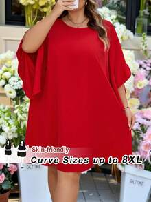 SHEIN CURVE+ Curve 尺码 US22 音乐节、海滨度假、波西米亚风 CURVE PLUS / / 女士圆领蝙蝠袖红色 A 字及膝中袖通勤春夏轻薄连衣裙 - 紅色 - 查看 1
