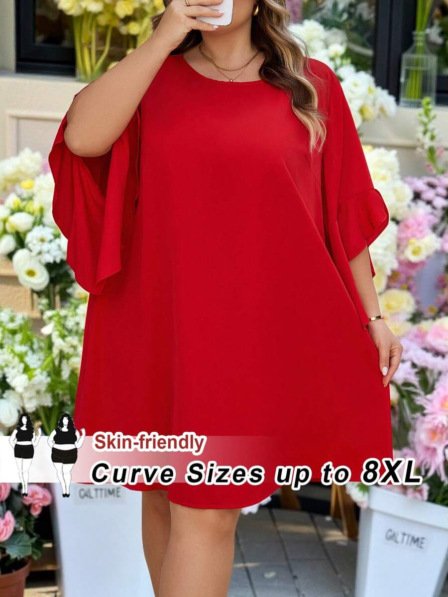 SHEIN CURVE+ Curve 尺码 US22 音乐节、海滨度假、波西米亚风 CURVE PLUS / / 女士圆领蝙蝠袖红色 A 字及膝中袖通勤春夏轻薄连衣裙 - 紅色 - 查看 1
