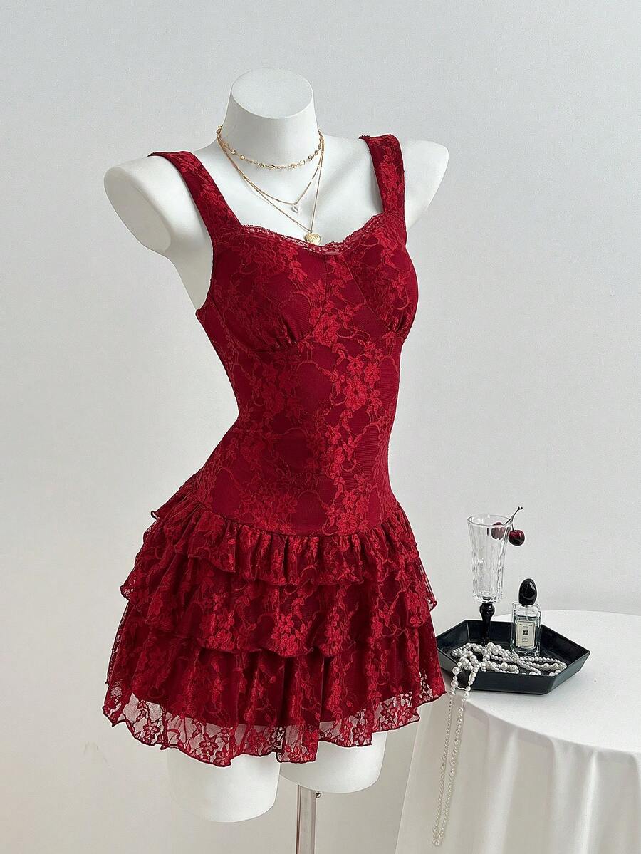 Elamini Floral Lace Texture Romantic Mini Dress - Red - View 1