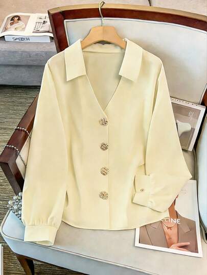 GlowEve CURVE Plus Size Women V-Neck Long Sleeve Smooth Fabric Elegant Rose Gold Metal Decor Button Pullover Shirt, Autumn/Winter