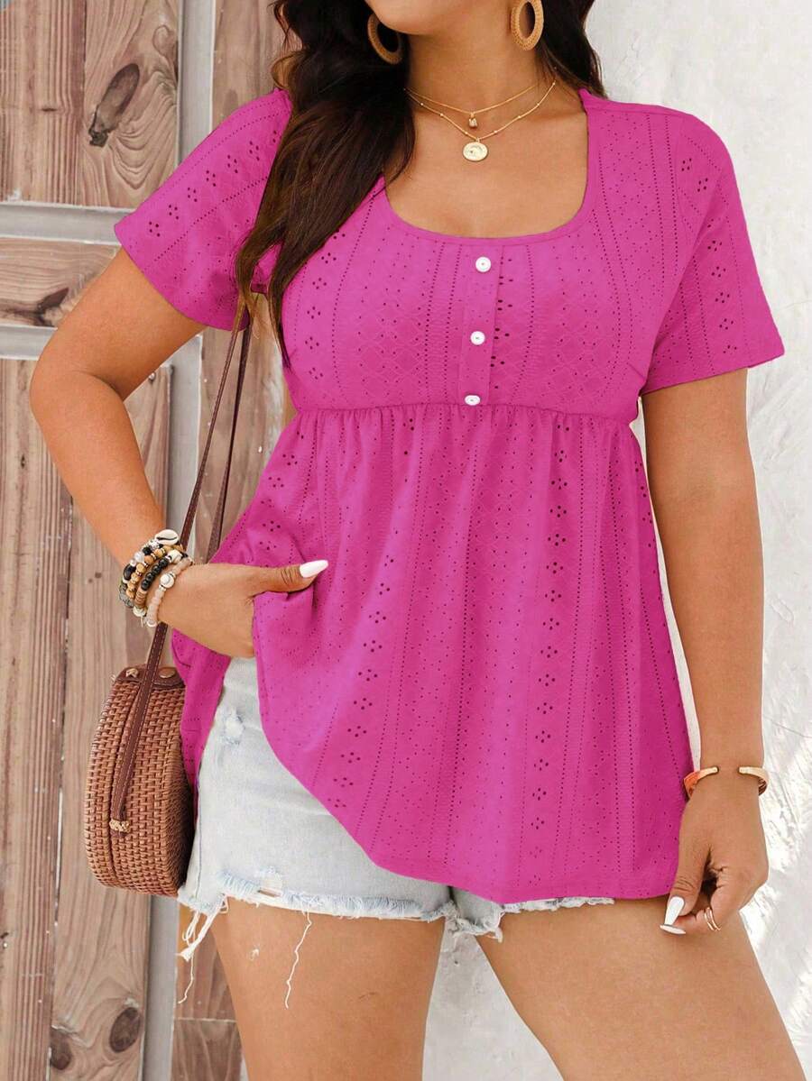 EMERY ROSE Camiseta de manga corta de talla grande, elegante, de unicolor y con bordado calado, para el verano - Rosa Fucsia - Ver 1