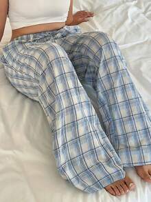 Dazy Plus 大码女式休闲格子印花睡裤 - 藍色 - 查看 1