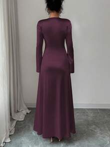 Rafferiza Elegant Women's Red Violet Satin Mermaid Long Party Dress With Round Neck And Long Split Sleeves - Red Violet - View 2