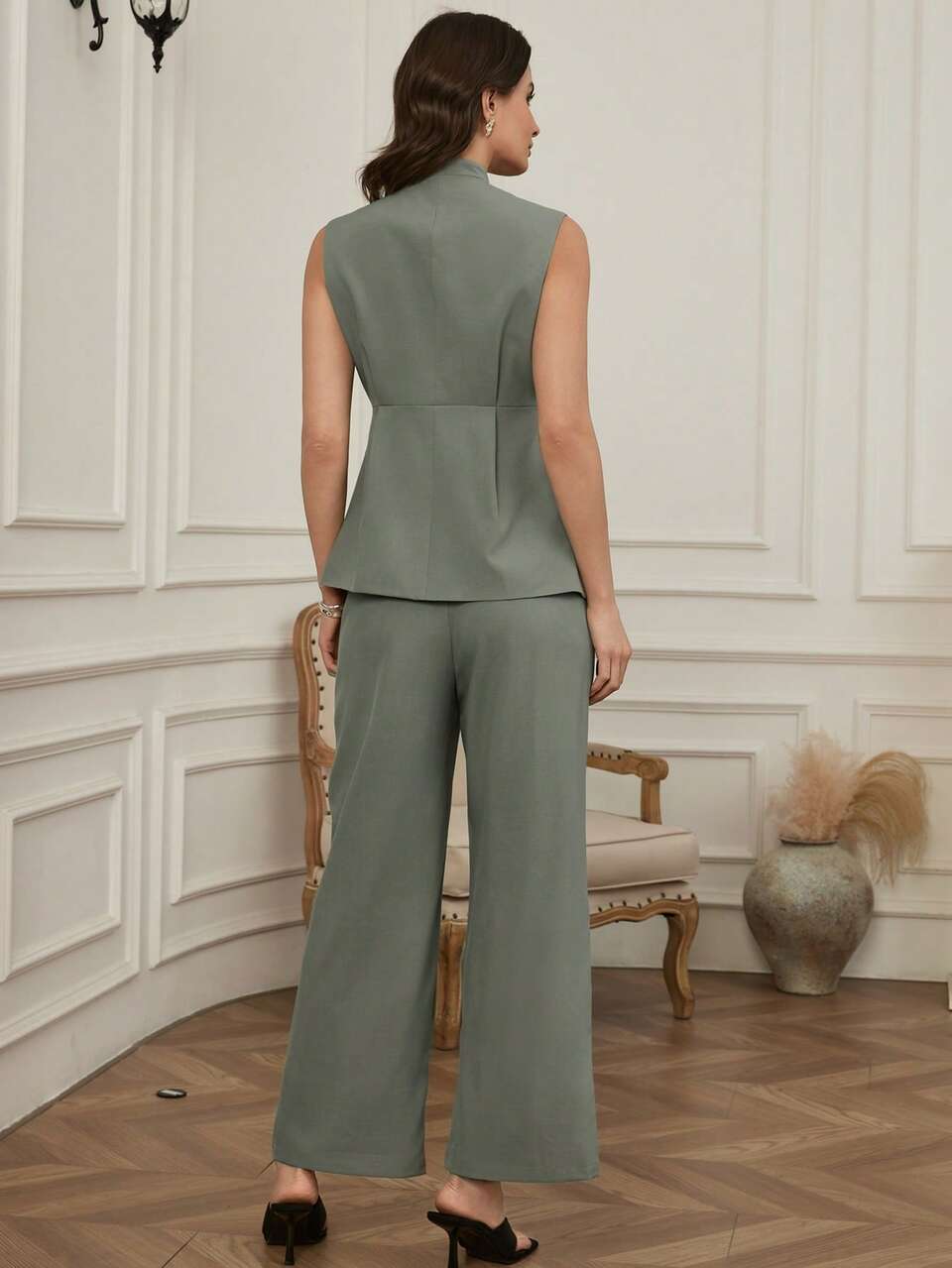Sage Green Summer Casual Elegant Business Women's Slim Fit Professional Outfit,Cropped Top & Straight Leg Pants Set,Old Money Style Lounge Sets