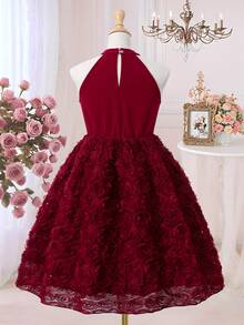 SHEIN Elegant Blue Sleeveless Dress For Tween GirlsSweet Princess Style With Bow Design, Fashionable And Graceful - Burgundy - View 2