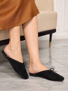 Sleekvia Women Shoes Small Square Toe Flat Bottom Black Suede Bow Women's Mules Slippers Women's Flat Shoes Daily Commute Slouchy Flats Low Vamp Mules Shoes Women's Shoes Valentine's Day - Black - View 4