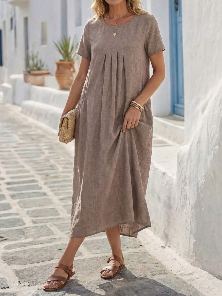 Faunlyn Women's Solid Color Round Neck Short Sleeve Pleated Pocket Casual Loose Dress - Brown - View 1