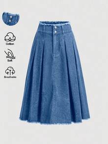 SHEIN Girlism 大童女孩海軍藍牛仔百褶裙 - 淺色水洗藍 - 查看 5