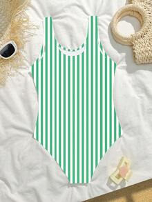 SHEIN Bộ áo liền quần cho bé gái tuổi teen, màu xanh lá cây và trắng kẻ sọc dọc, chất liệu vải dệt kim, kiểu dáng giản dị nhưng thanh lịch, thích hợp để bơi lội. - trắng - Xem 3