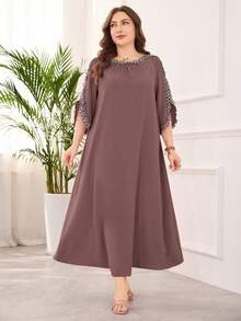 Lacomfia Plus Size Elegant Floral Embroidery Loose Fit Dress - Warm Clay - View 4