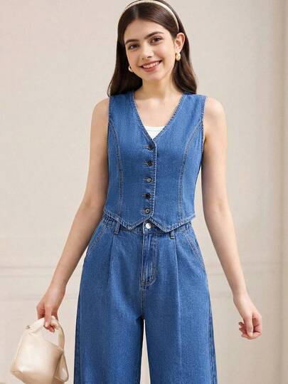 2Pcs Teen Girls Fashion Casual Y2k Vintage Cool Street Loose And Comfortable Blue Denim Short Jacket And Loose And Comfortable Pleated Design Comfortable Jeans Two Pieces Set For Kids Clothes Teen Girls Dailywear And Kids Spring To Summer Rave Outfits Festival And Outfits Streetwear Clothes