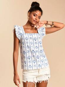 Travachic 女士度假贝壳图案方领短袖衬衫，女士度假休闲套装，适合夏季假期、春假、派对、海滩、春季、情人节、女士情人节、狂欢节服装、优雅、花卉图案、狂欢节、春夏交替、派对、夏季上衣、情人节上衣、女士婚礼宾客上衣、生日上衣、派对上衣、女士优雅上衣、花卉图案上衣、夏季上衣、狂欢节服装、女士墨西哥风情波西米亚风上衣 - 藍白色 - 查看 6