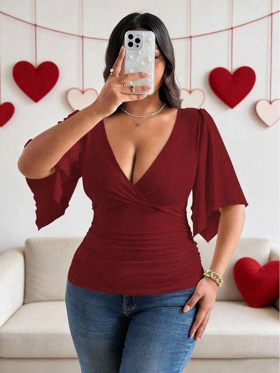 Vionelle 大码女式优雅休闲纯色V领低胸性感短袖蝙蝠袖修身派对上衣,适合春季、夏季、秋季和圣诞节穿着。 - 酒紅色 - 查看 1
