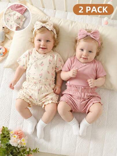 2pcs/Set Newborn Baby Girls Cute Outfit: Bow Headband + Romper + Shorts, Summer