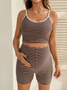 SHEIN 2pcs Maternity Striped Camisole Top And Adjustable Waist Shorts Casual Set - Brown - View 4