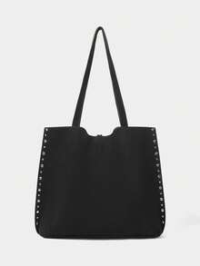 SHECARRY Ladies Large Capacity Suede Rivet Trim Shoulder Tote Bag - Black - View 4